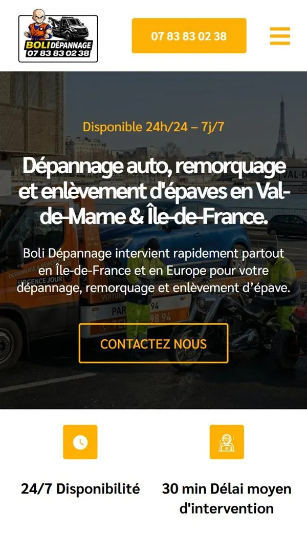 Capture sur téléphone du site Boli Dépannage